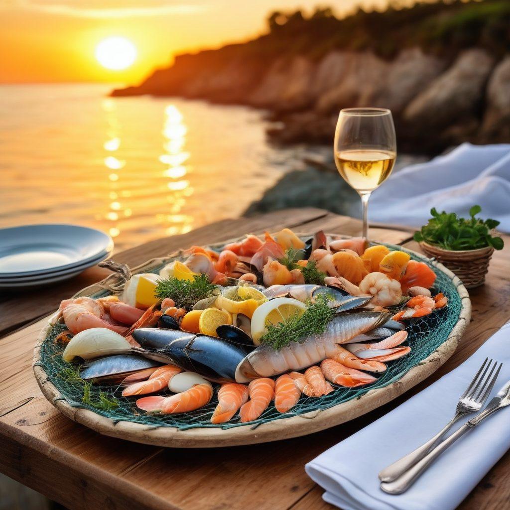 A beautifully arranged Italian seafood plate featuring vibrant colors of fresh fish, shellfish, and herbs, set against a rustic wooden table. Include elements like a fishing net, ocean waves in the background, and a glowing sunset to evoke a coastal ambiance. Adorn the table with elegant dinnerware and a glass of white wine. The overall feel should be inviting, emphasizing the journey from sea to gourmet dining. super-realistic. vibrant colors. rustic style.