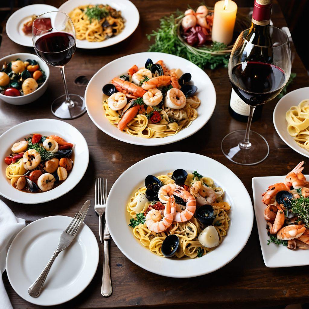 A beautifully arranged table featuring a variety of exquisite Italian seafood dishes, including vibrant pasta with shrimp, a fresh seafood platter, and a glass of rich red wine. The background showcases a cozy, rustic Italian restaurant ambiance, adorned with colorful herbs and soft lighting. Create a warm, inviting atmosphere that captures the essence of fine dining. super-realistic. vibrant colors. soft focus.