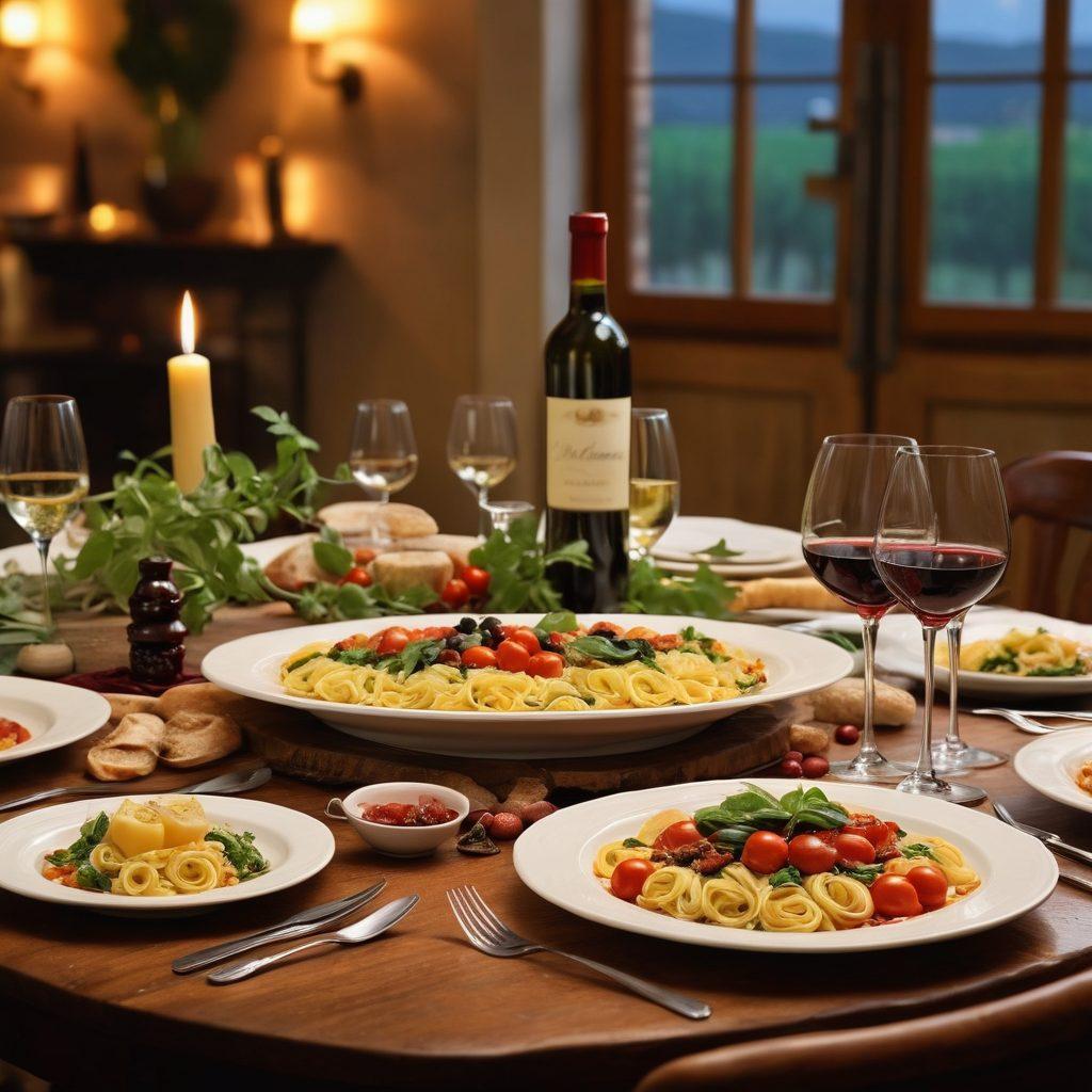 A beautifully set Italian dining table adorned with elegant tableware, featuring an array of exquisite Italian dishes like fresh pasta, risotto, and bruschetta. Surrounding the table are fine wine bottles with tasteful labels, complemented by soft candlelight. The ambiance is warm and inviting, with hints of lush Italian vineyards visible in the background. Incorporate vibrant colors to highlight the freshness of the dishes and the rich tones of the wines. super-realistic. vibrant colors. warm ambiance.